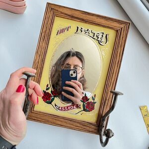 Vintage 1991 Hensley Wood-Framed Barbershop Mirror w/ Hooks, Rose Design